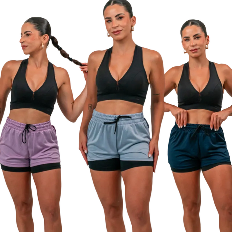 kit 3 Shorts Feminino Academia Bermuda dupla Fitness Com bolso e compressão Corrida Caminhada treino