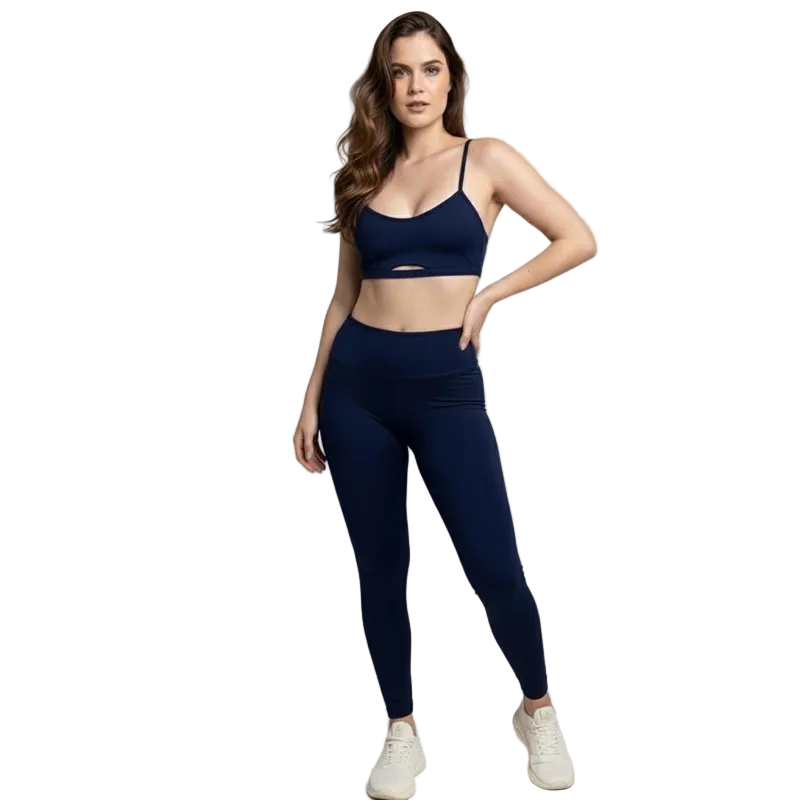 Conjunto fitness academia em poliamida meia lua top com bojo removível + calça legging compressão UV50+