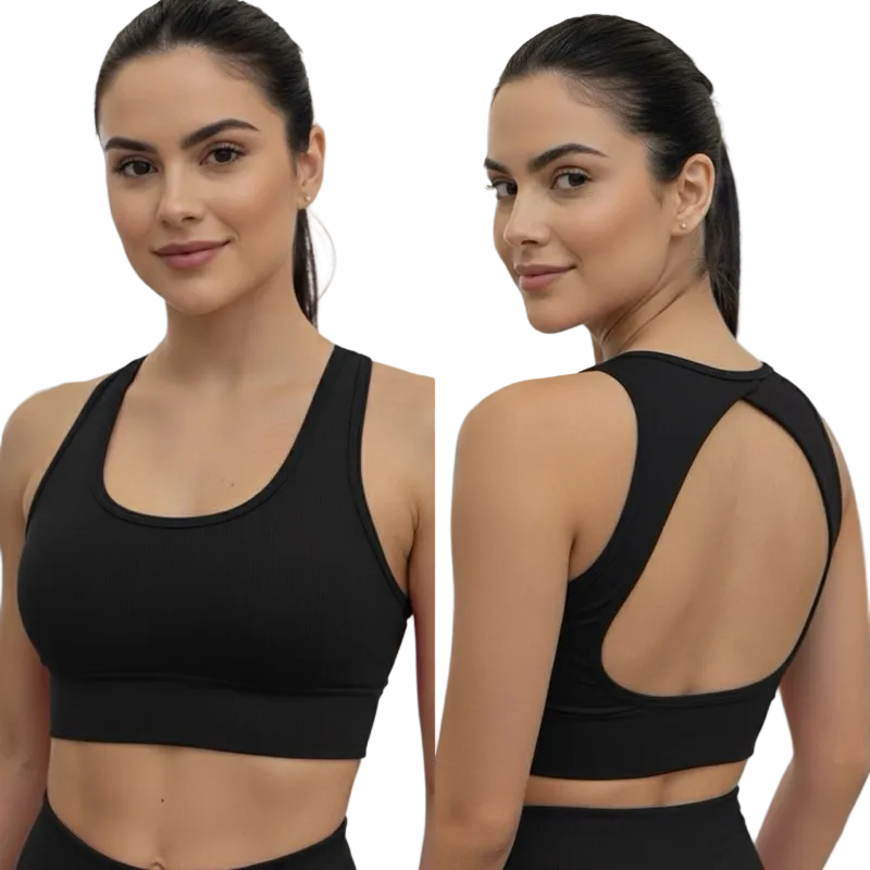 Top fitness micro canelado shine bojo removível cós com alta sustentação abertura nas costas UV50+