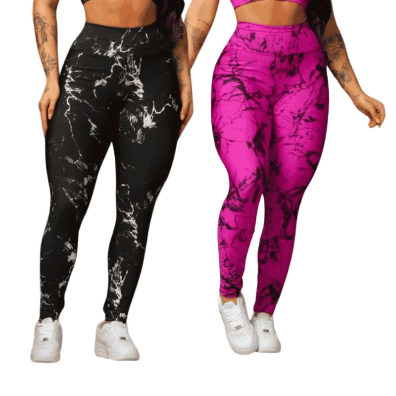 Kit 2 Calças Legging Feminina Marmorizada Tie-Dye Cintura Alta Fitness Para Treino Academia Yoga