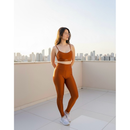 Conjunto fitness micro canelado meia lua top com bojo removível + calça legging, compressão UV50+